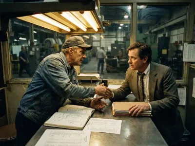 Hoe onderhandel je over salaris in de technische dienst? Industriële arbeider en manager schudden handen over salarisdocumenten in fabriekskantoor tijdens werkoverleg