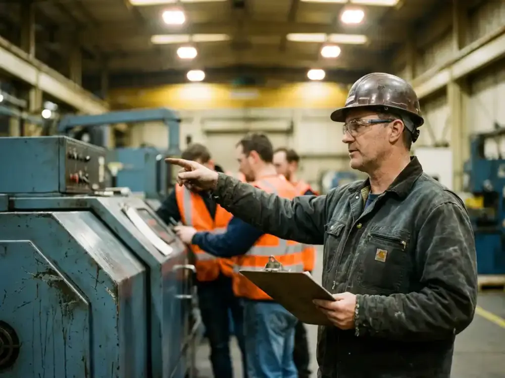 Hoe word je teamleider in de technische dienst? Industriële supervisor met klembord wijst naar technici die aan machines werken op drukke productievloer