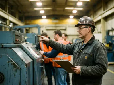 Hoe word je teamleider in de technische dienst? Industriële supervisor met klembord wijst naar technici die aan machines werken op drukke productievloer