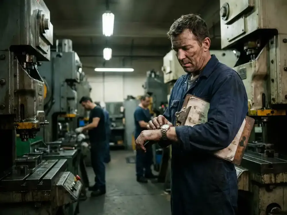 Wat verdient een technische dienst medewerker met ploegentoeslag? Industriële arbeider in marineblauwe overall controleert horloge naast zware fabrieksmachines op betonnen vloer