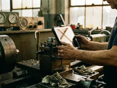 Is technische dienst toekomstbestendig? Industriële werker bedient digitale tablet op zware productiemachine met traditionele meters op achtergrond