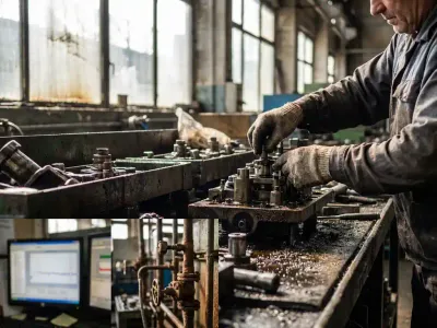 Wat is het verschil tussen technische dienst in de maakindustrie en procesindustrie? Industriële arbeider past precisie-onderdelen aan op productiemachine in fabriek met werkbank en gereedschap