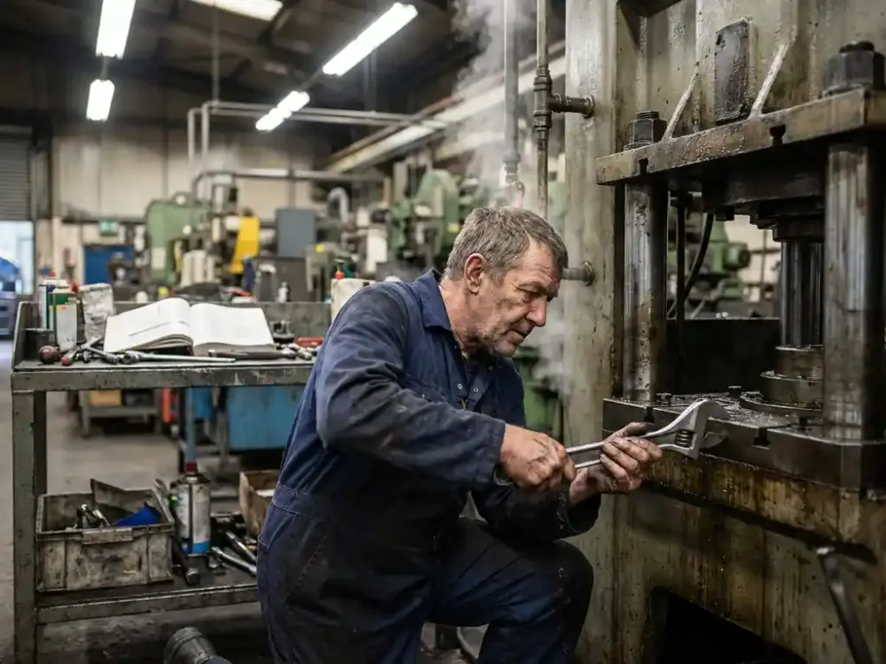 Wat verdient een monteur technische dienst in 2026? Onderhoudstechnicus in blauwe overall past industriële machine aan met gereedschap in heldere fabriek