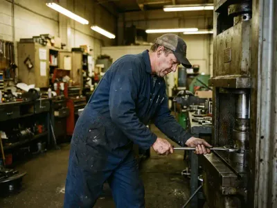 Wat doet een monteur technische dienst precies? Onderhoudstechnicus in blauwe overall stelt industriële machine bij met sleutel in werkplaats vol gereedschap