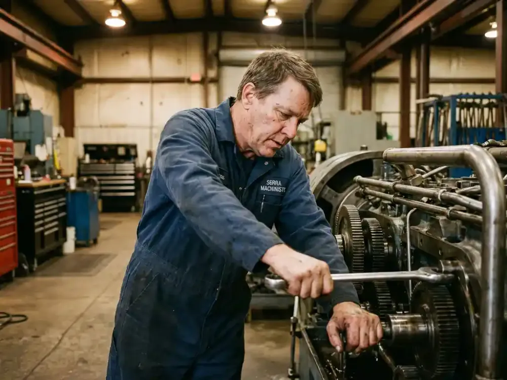 Hoe word je technische dienst medewerker? Technicus in blauwe overall past industriële machine aan met moersleutel in goed verlichte fabriek