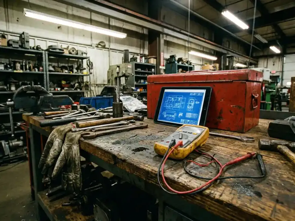 Welke tools gebruik je dagelijks in de technische dienst? Verweerde werkbank in industriële werkplaats met gereedschap, multimeter, moersleutels en tablet met technische schema's