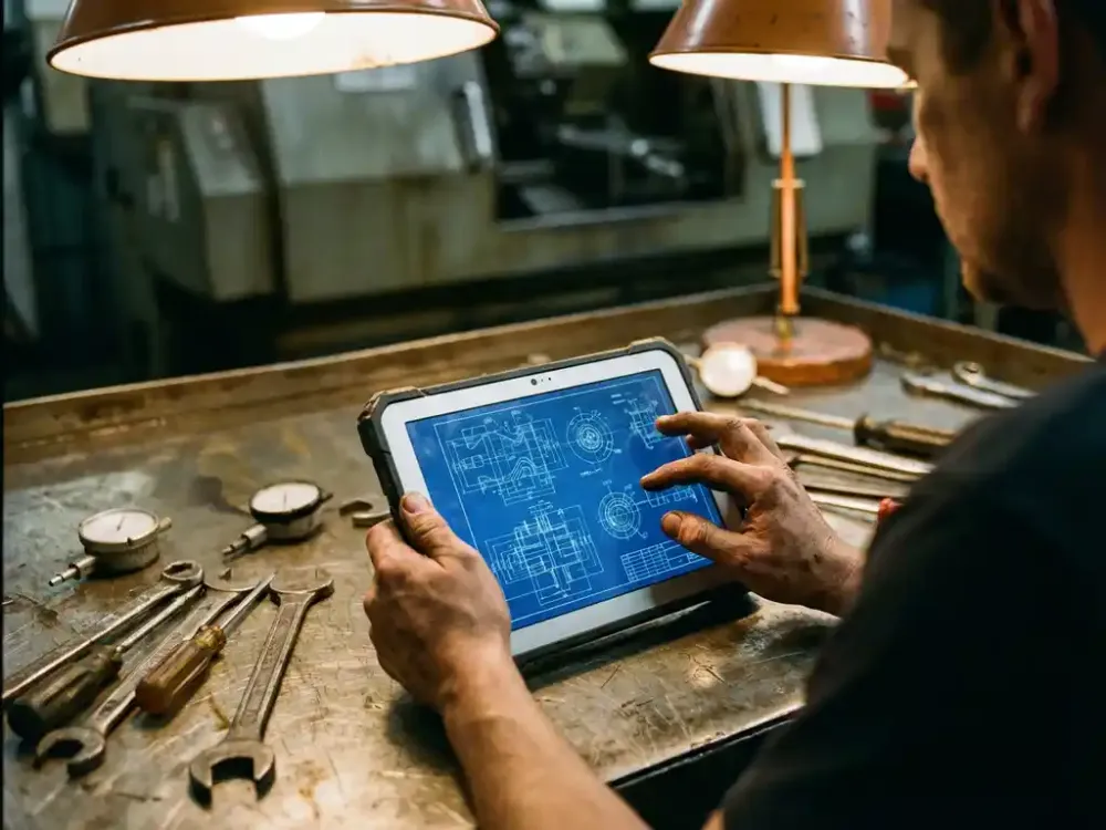 Hoe blijf je up-to-date in de technische dienst? Onderhoudstechnicus bekijkt technische schema's op tablet tussen gereedschap op werkbank in industriële werkplaats