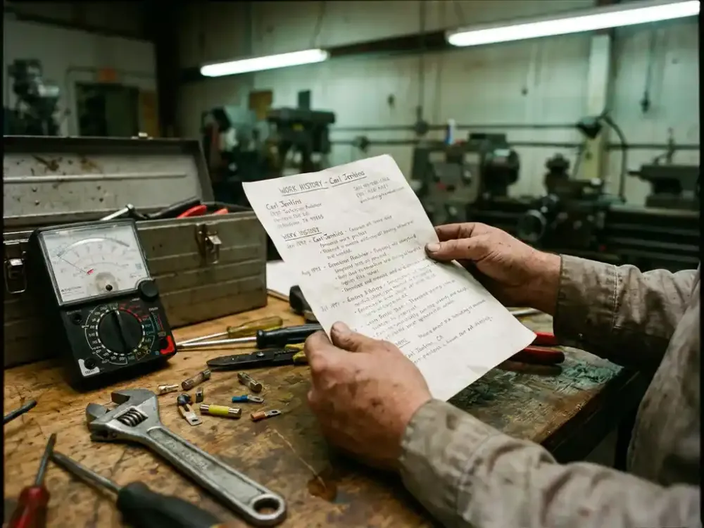 Wat zet je op je cv als monteur technische dienst? Technicus bekijkt handgeschreven cv op werkbank met gereedschap in industriële onderhoudsworkshop