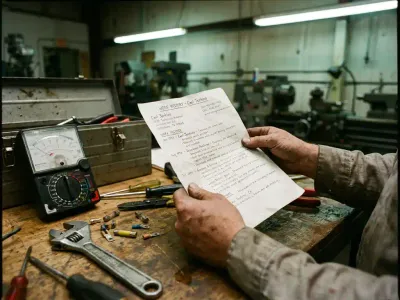 Wat zet je op je cv als monteur technische dienst? Technicus bekijkt handgeschreven cv op werkbank met gereedschap in industriële onderhoudsworkshop