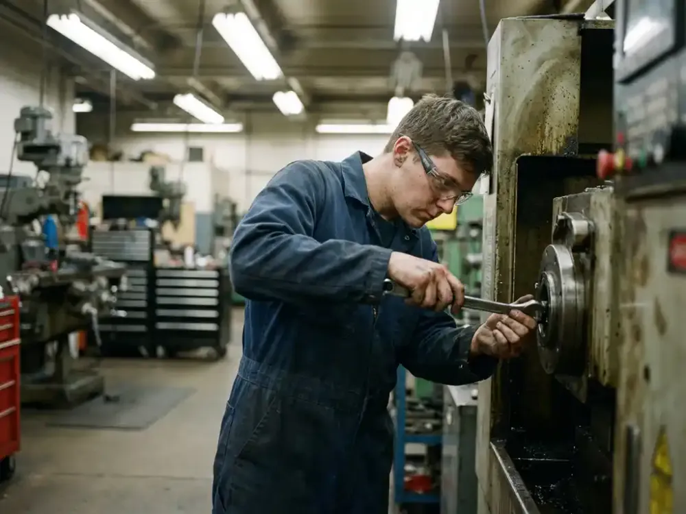 Wat zijn de arbeidsvoorwaarden in de technische dienst? Technicus in blauwe overall past industriële machine aan met moersleutel in werkplaats met zware apparatuur