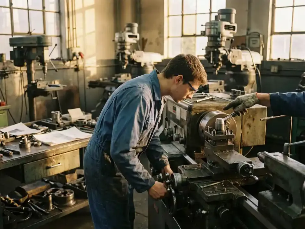 Is technische dienst geschikt voor starters? Jonge technicus past industriële machine aan onder begeleiding van ervaren mentor in werkplaats met gereedschap