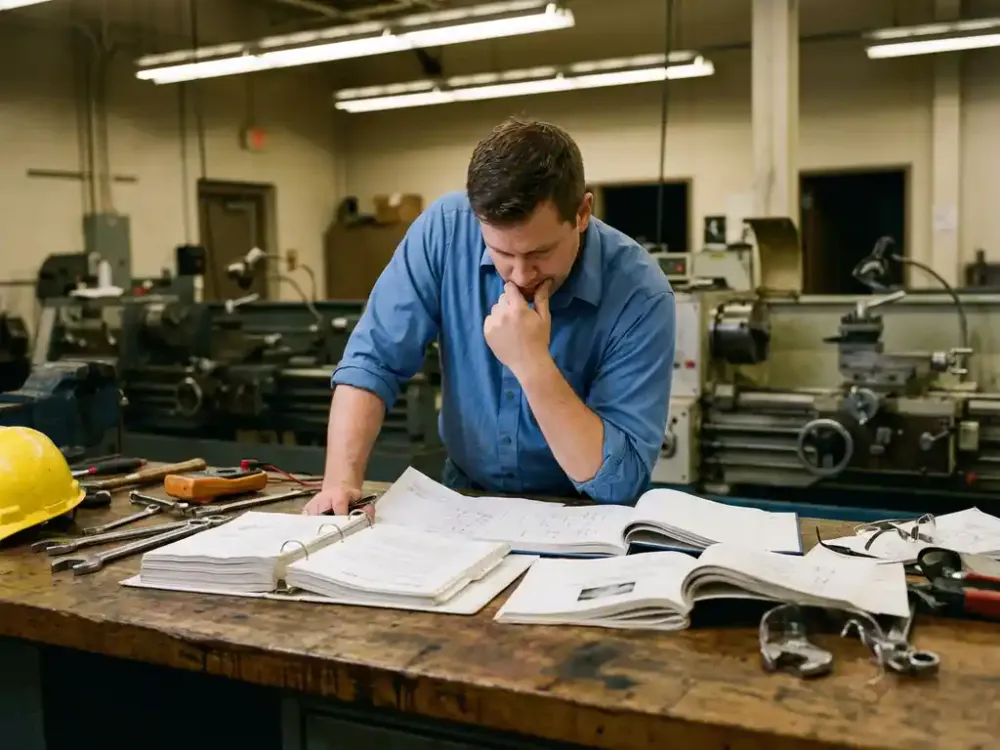 Hoe bereid je je voor op een sollicitatie in de technische dienst? Kandidaat bestudeert technische documentatie aan werkbank met industriële handleidingen, veiligheidshelm en bril klaarliggend